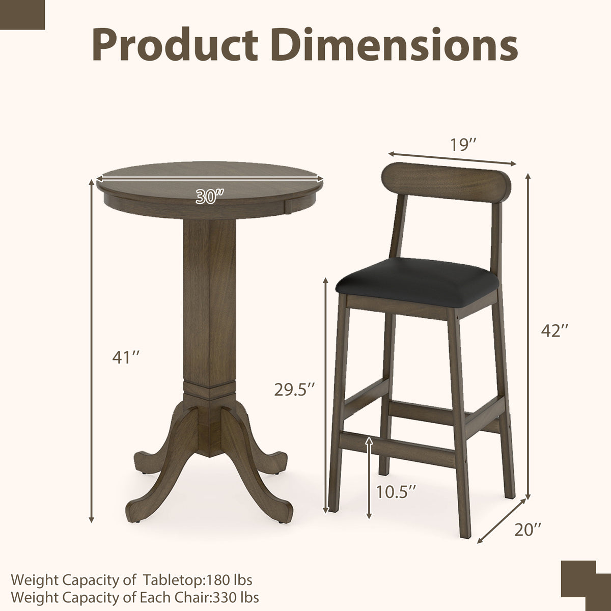 3 Pieces Wood Bar Table Set for 2 Round Pub Table with Pedestal Base and 2 Armless Stools