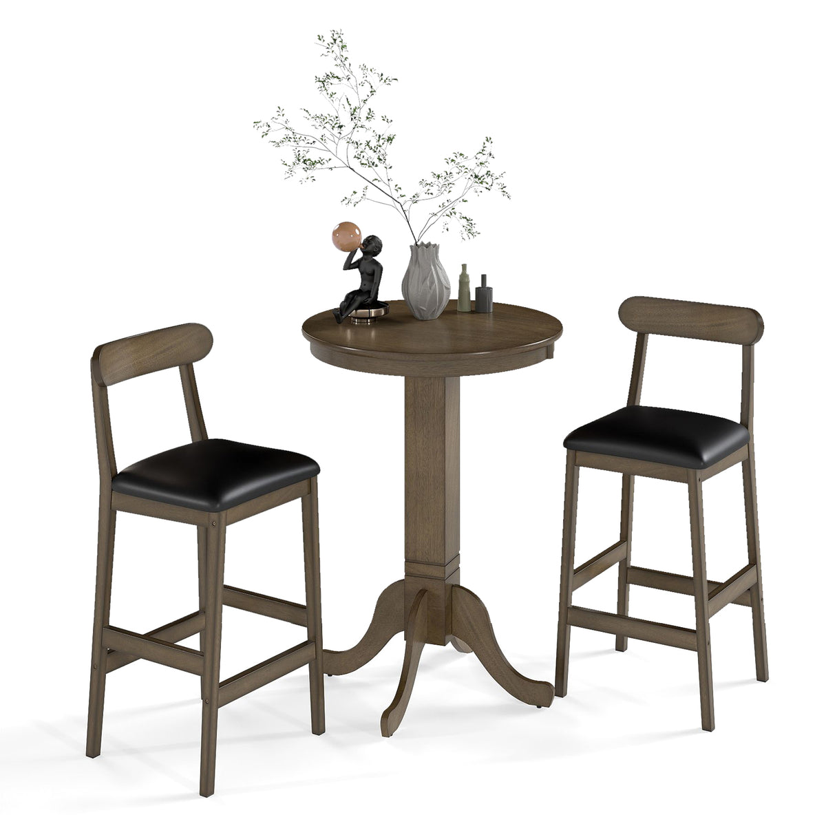 3 Pieces Wood Bar Table Set for 2 Round Pub Table with Pedestal Base and 2 Armless Stools