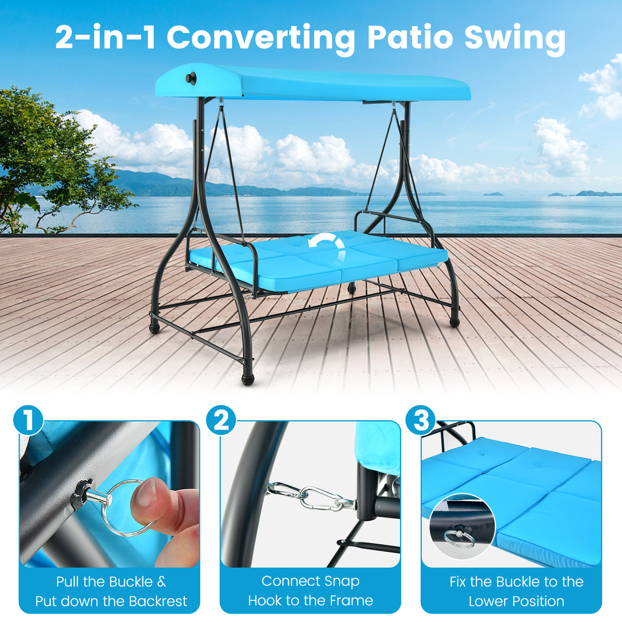 3 Seat Outdoor Porch Swing with Adjustable Canopy