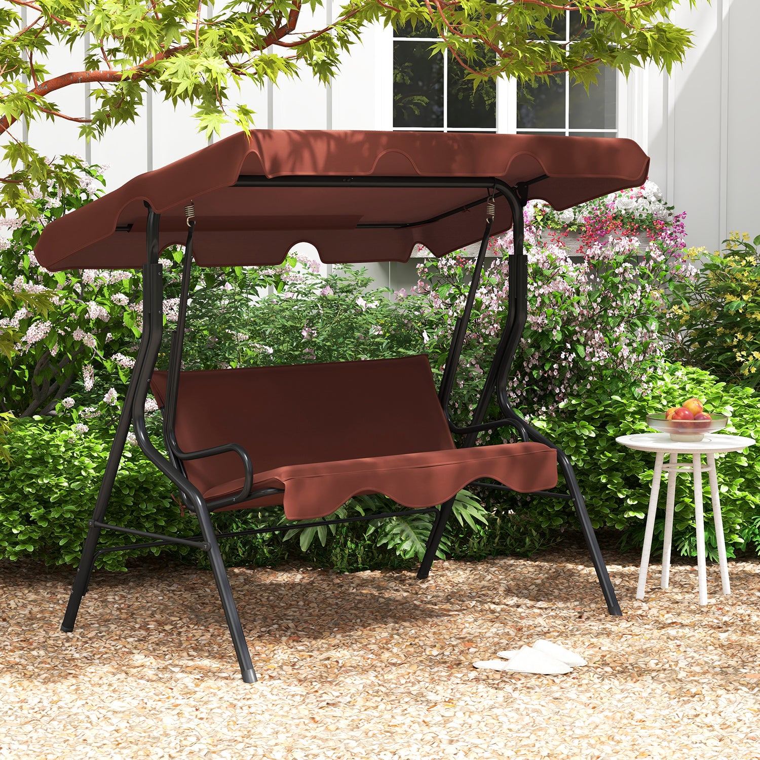 3 Seat Outdoor Patio Canopy Swing with Cushioned Steel Frame
