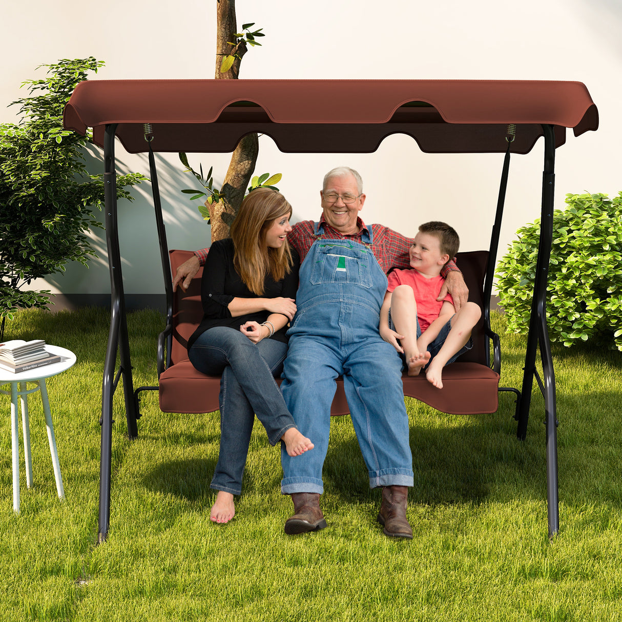 3 Seat Outdoor Patio Canopy Swing with Cushioned Steel Frame
