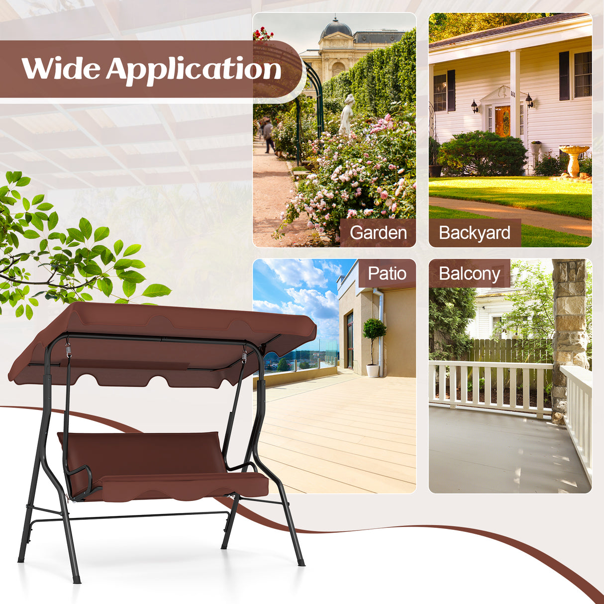 3 Seat Outdoor Patio Canopy Swing with Cushioned Steel Frame