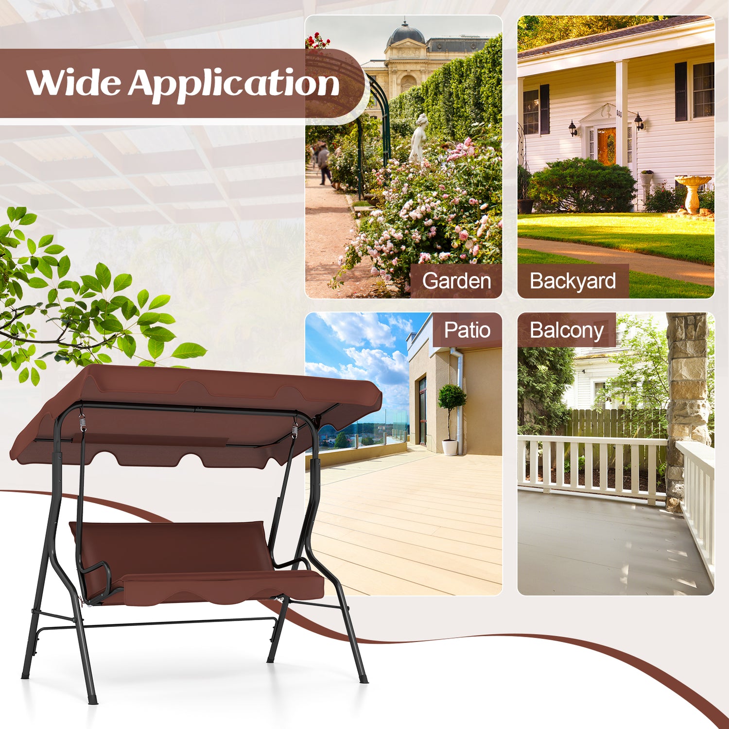 3 Seat Outdoor Patio Canopy Swing with Cushioned Steel Frame