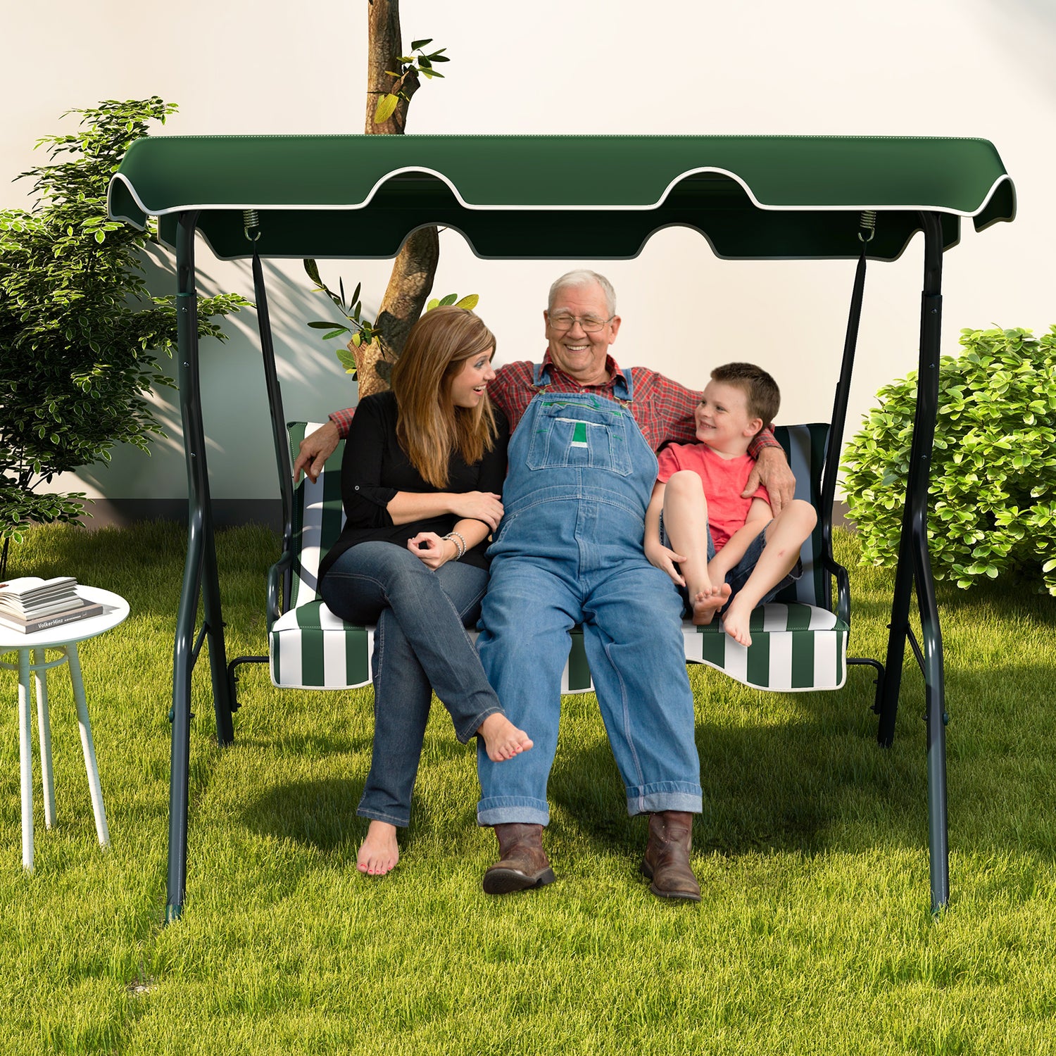 3 Seat Outdoor Patio Canopy Swing with Cushioned Steel Frame