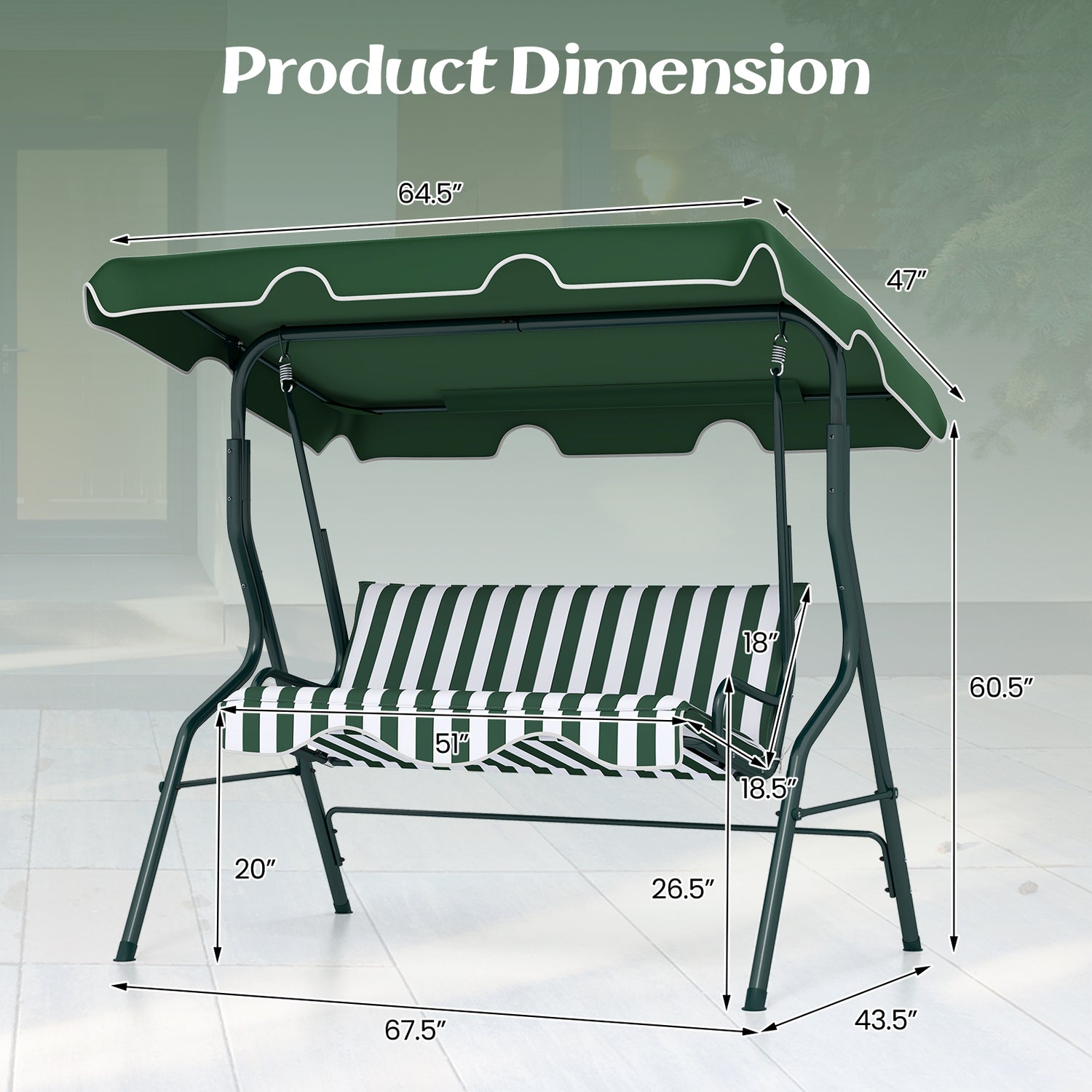 3 Seat Outdoor Patio Canopy Swing with Cushioned Steel Frame