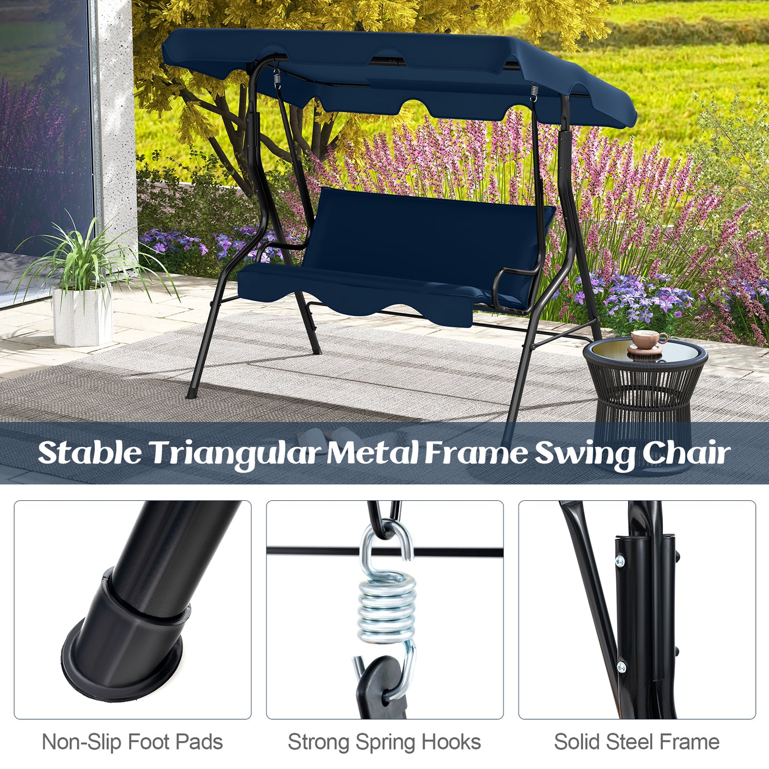 3 Seat Outdoor Patio Canopy Swing with Cushioned Steel Frame