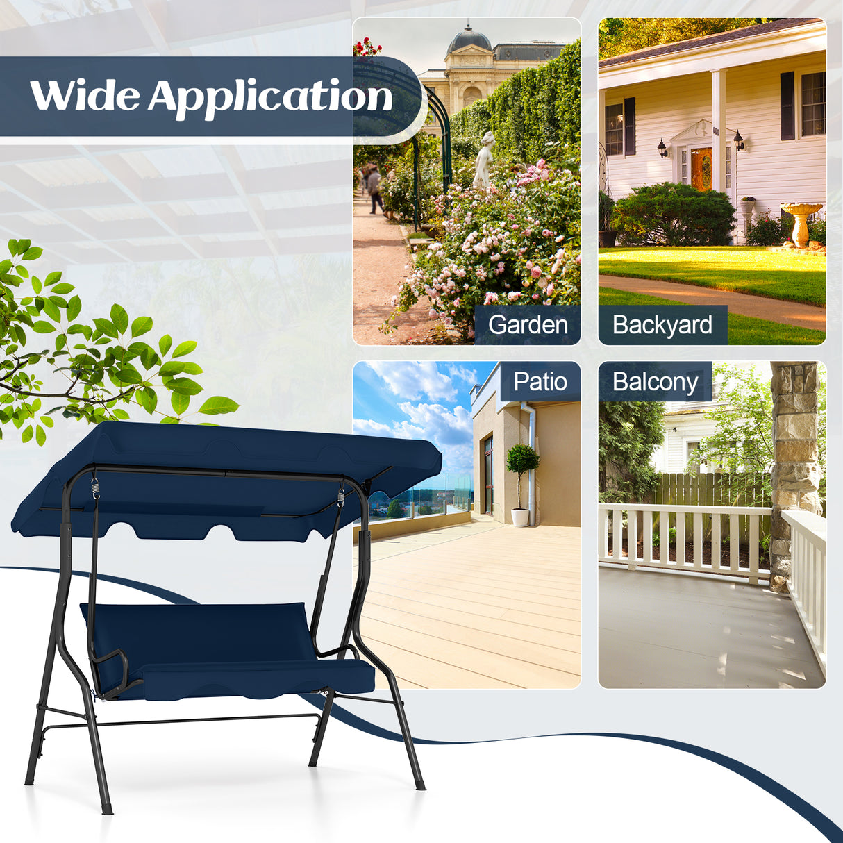 3 Seat Outdoor Patio Canopy Swing with Cushioned Steel Frame