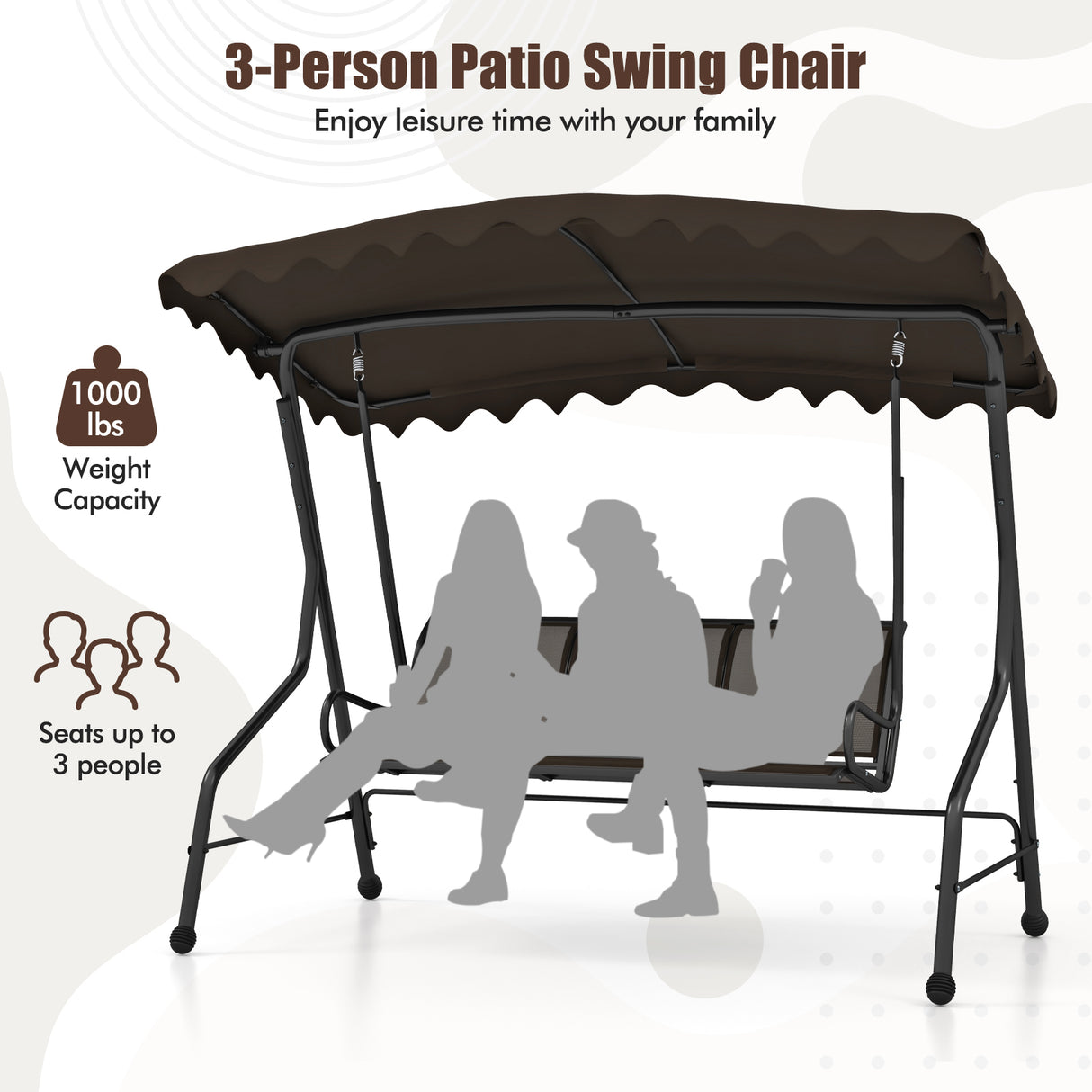 3-Seat Outdoor Porch Canopy Swing with Adjustable Shading