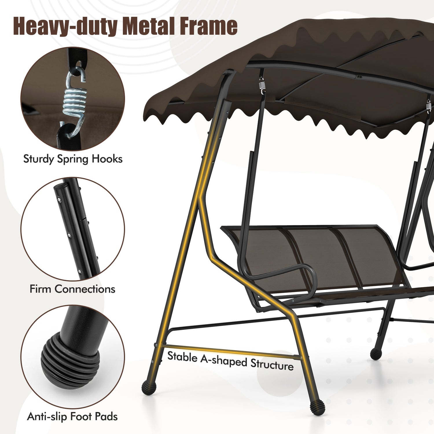 3-Seat Outdoor Porch Canopy Swing with Adjustable Shading
