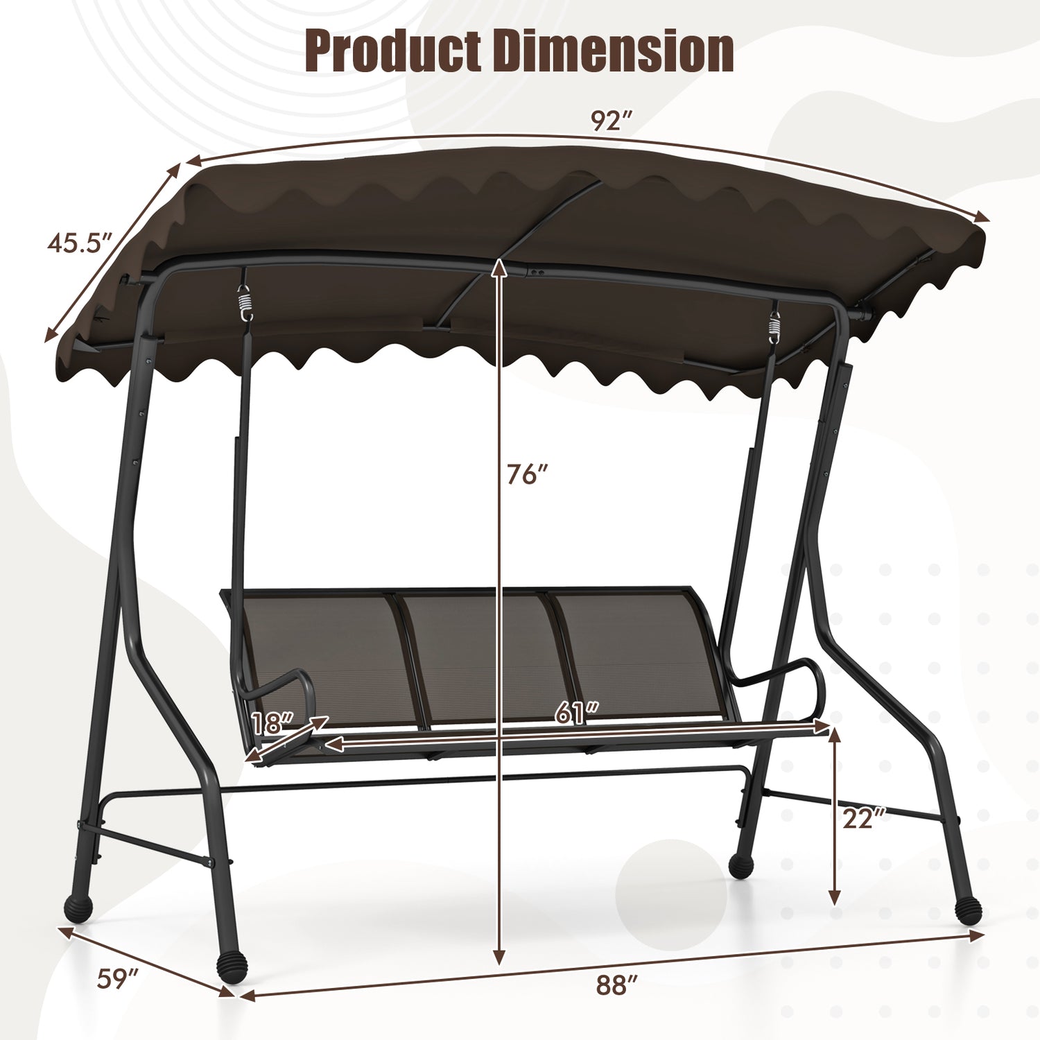 3-Seat Outdoor Porch Canopy Swing with Adjustable Shading