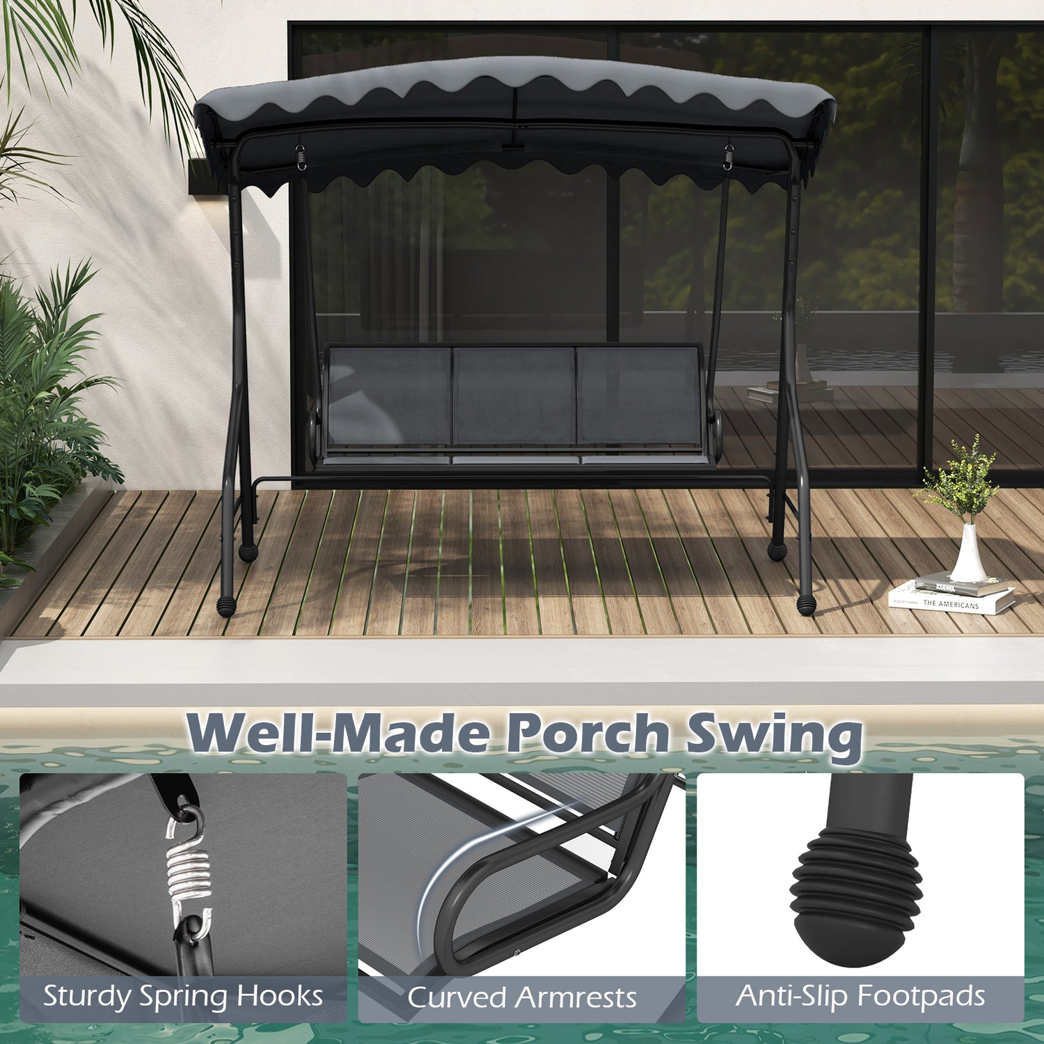 3-Seat Outdoor Porch Canopy Swing with Adjustable Shading