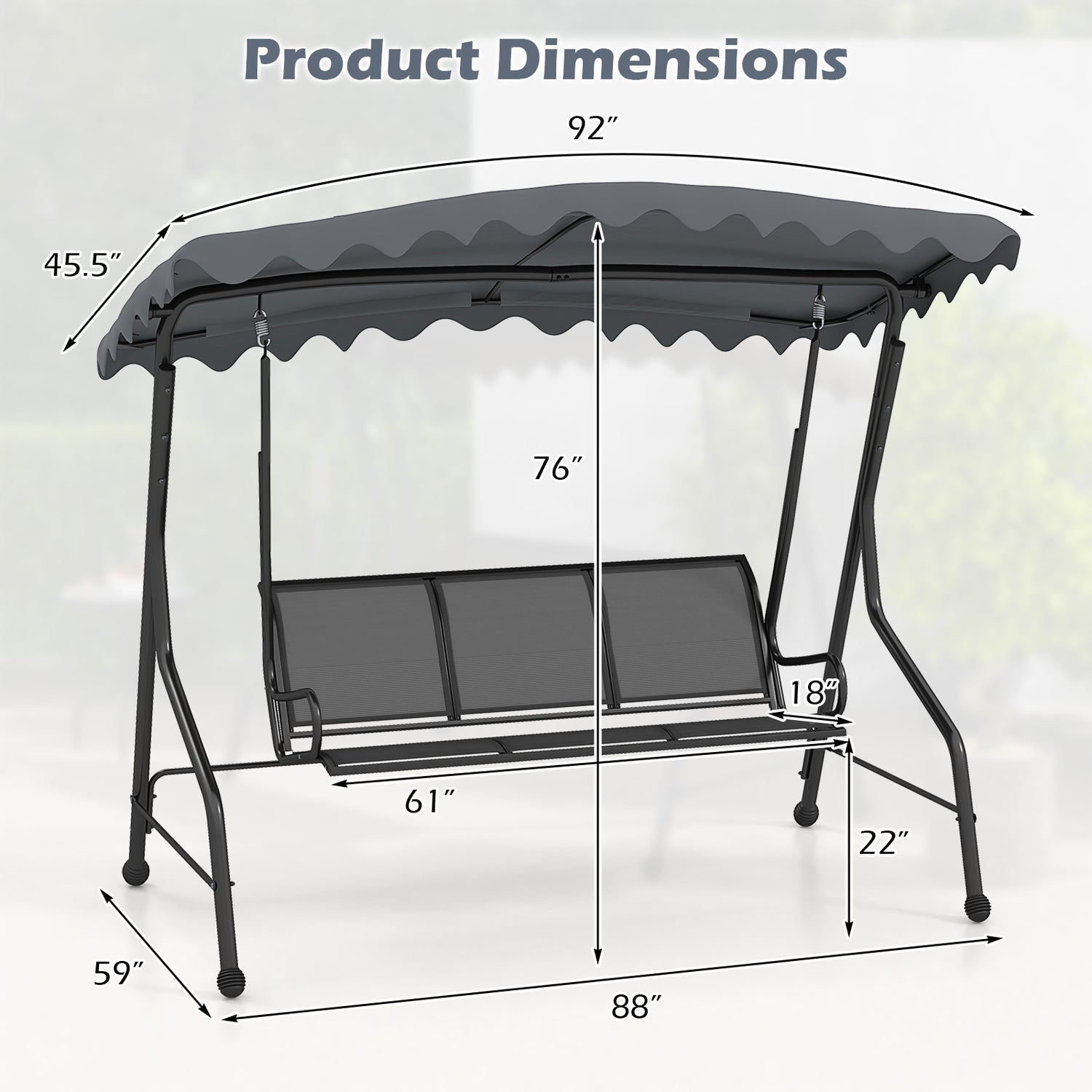3-Seat Outdoor Porch Canopy Swing with Adjustable Shading