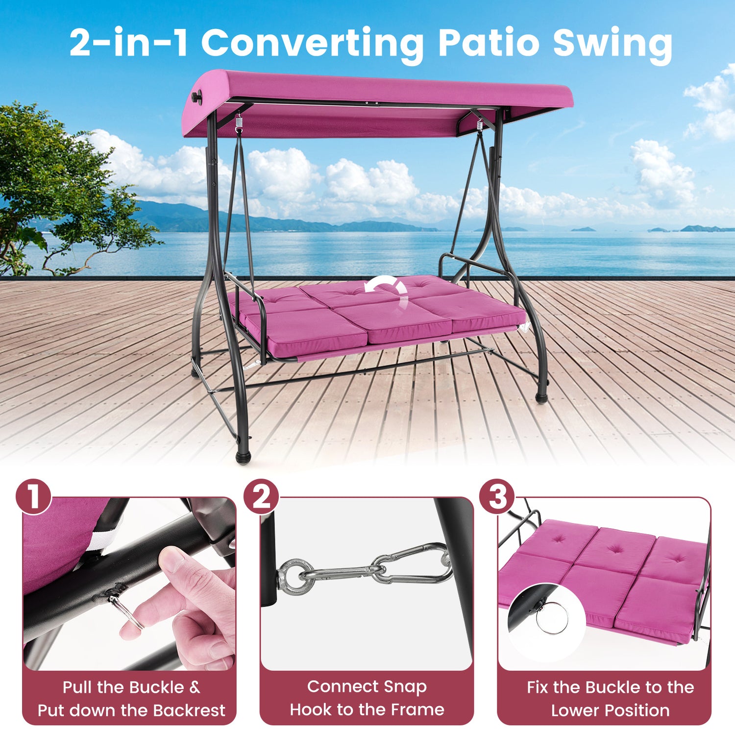 3 Seat Outdoor Porch Swing with Adjustable Canopy