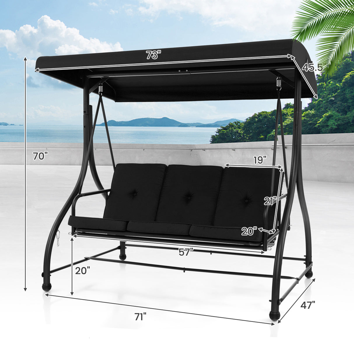 3 Seat Outdoor Porch Swing with Adjustable Canopy