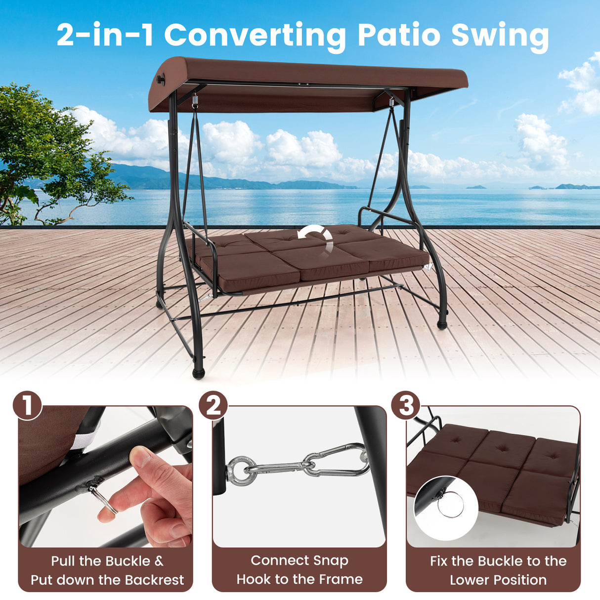 3 Seat Outdoor Porch Swing with Adjustable Canopy
