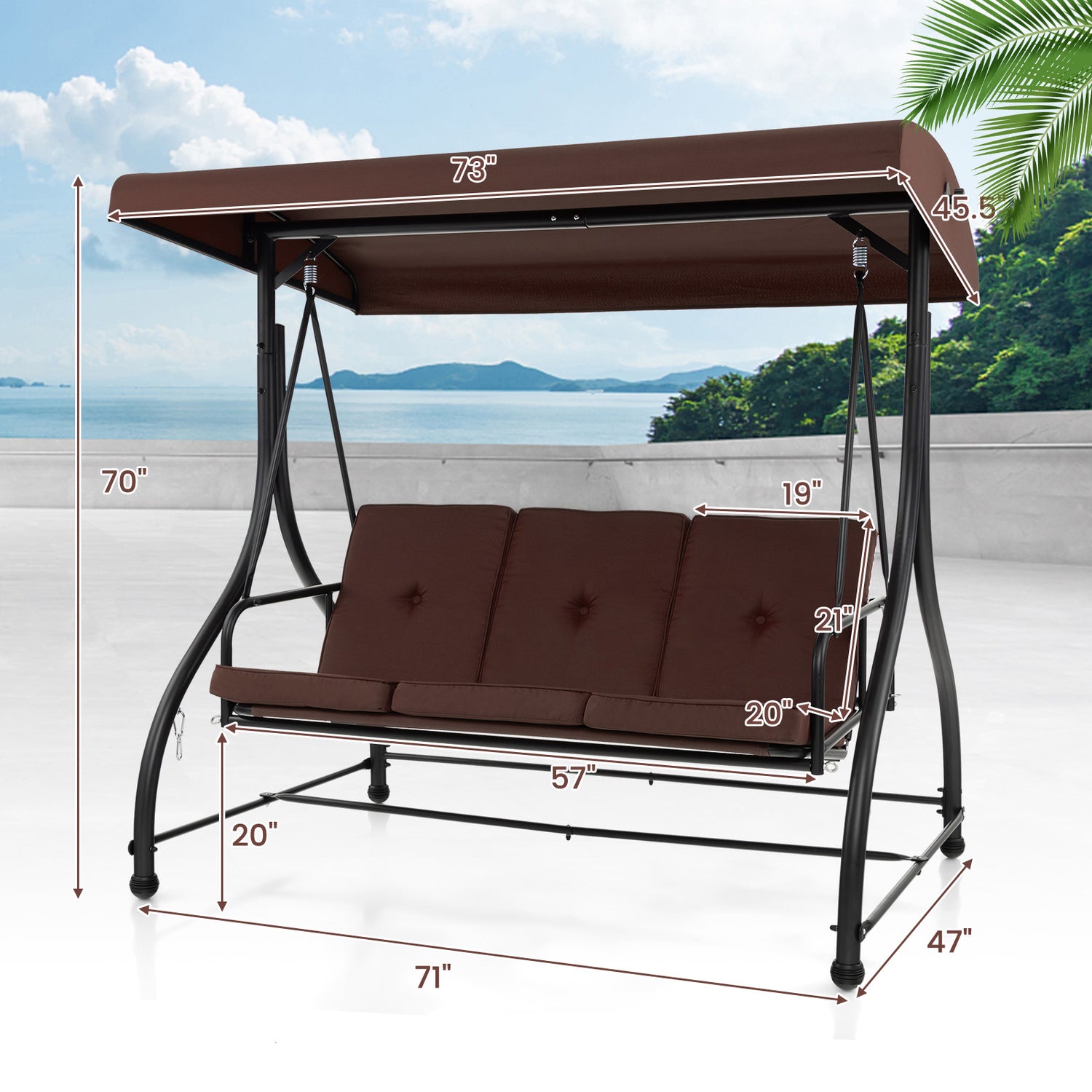 3 Seat Outdoor Porch Swing with Adjustable Canopy