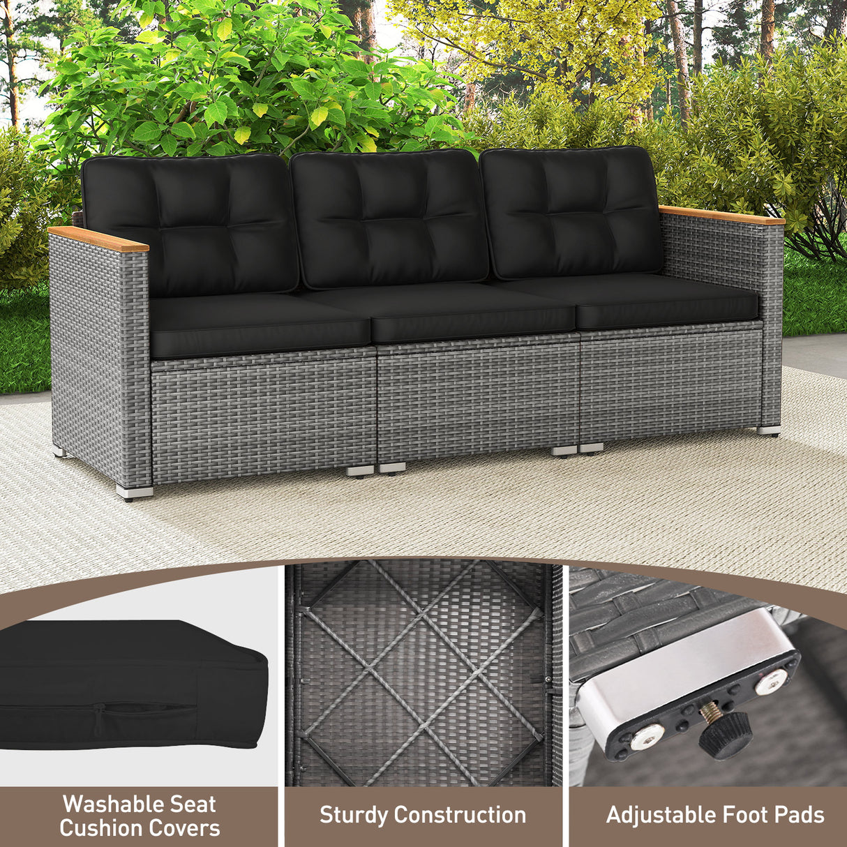 3-Seat Patio Couch Sofa PE Rattan Loveseat Furniture Set with Deep Seating and Cushion-Mix Grey