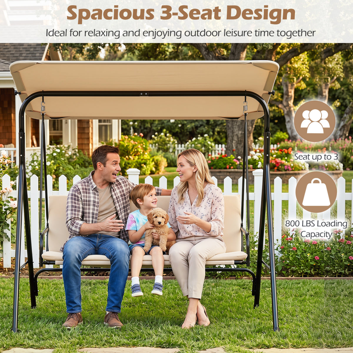 3-Seat Patio Swing Chair with Adjustable Canopy & Removable Cushion