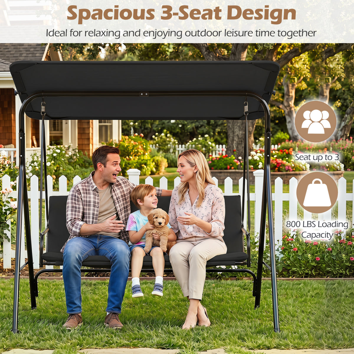 3-Seat Patio Swing Chair with Adjustable Canopy & Removable Cushion
