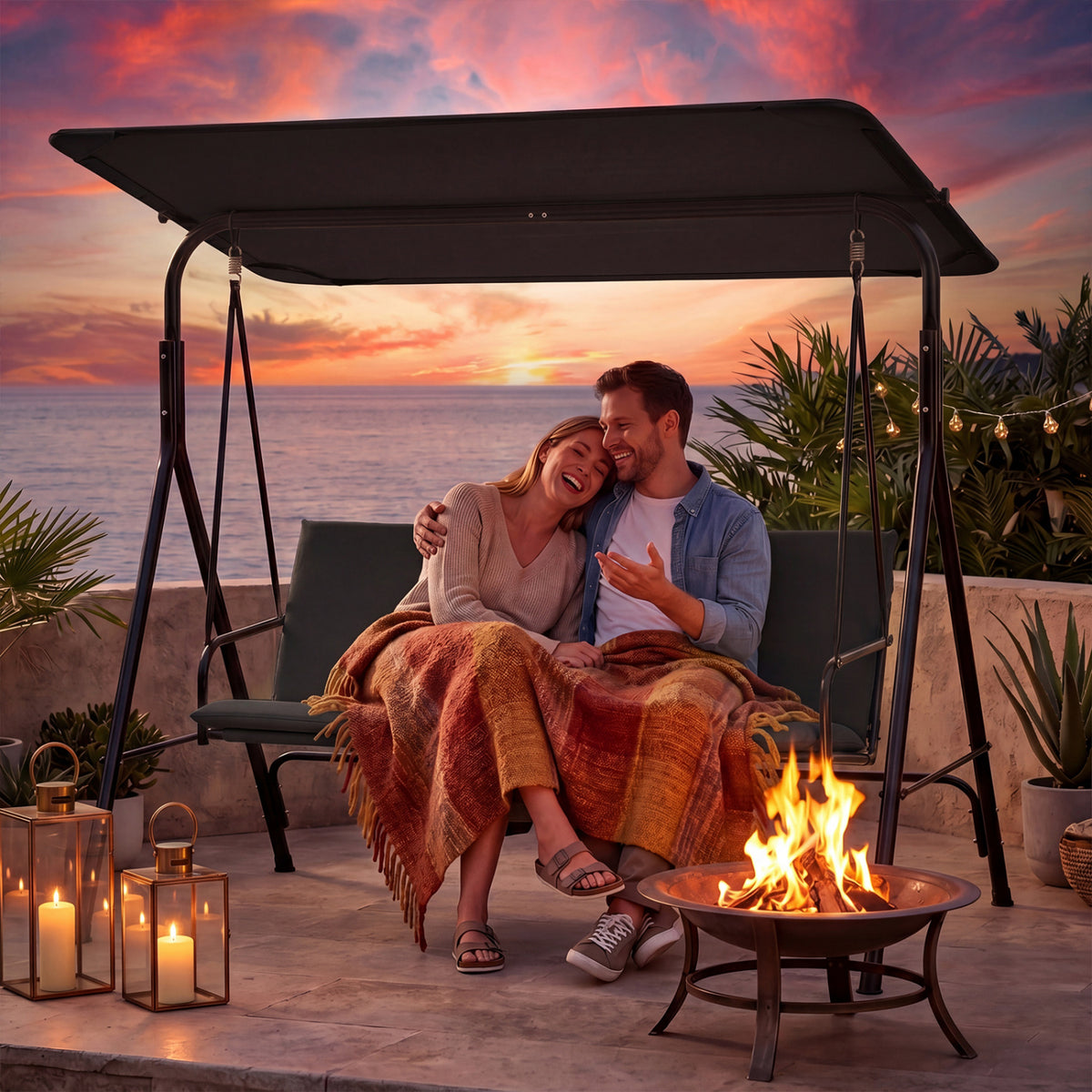 3-Seat Patio Swing Chair with Adjustable Canopy & Removable Cushion