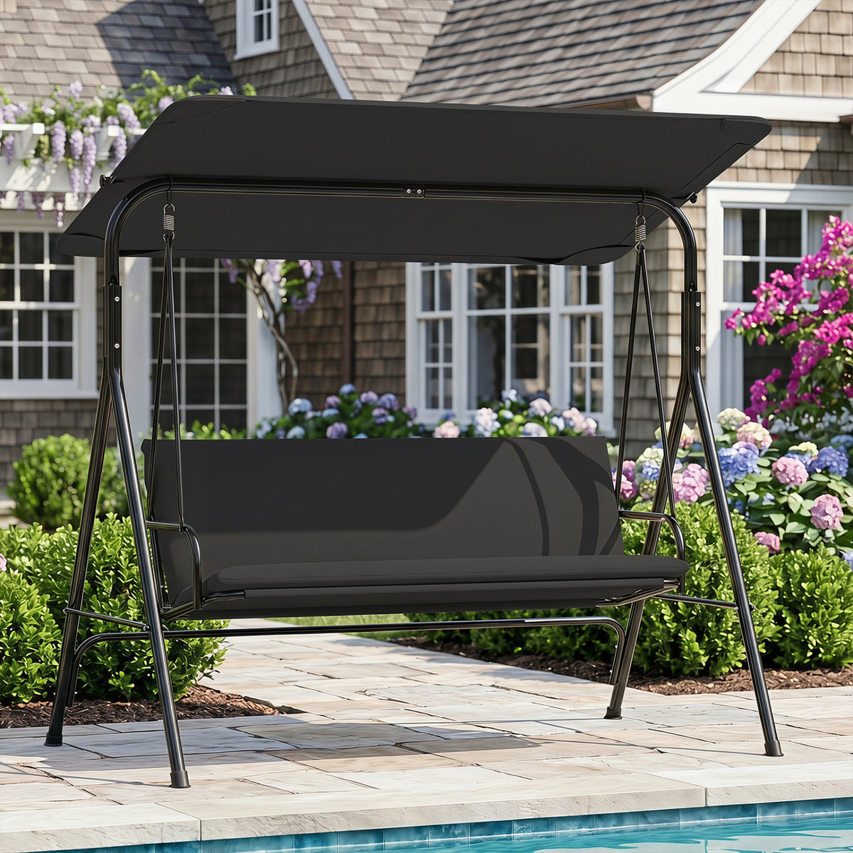3-Seat Patio Swing Chair with Adjustable Canopy & Removable Cushion