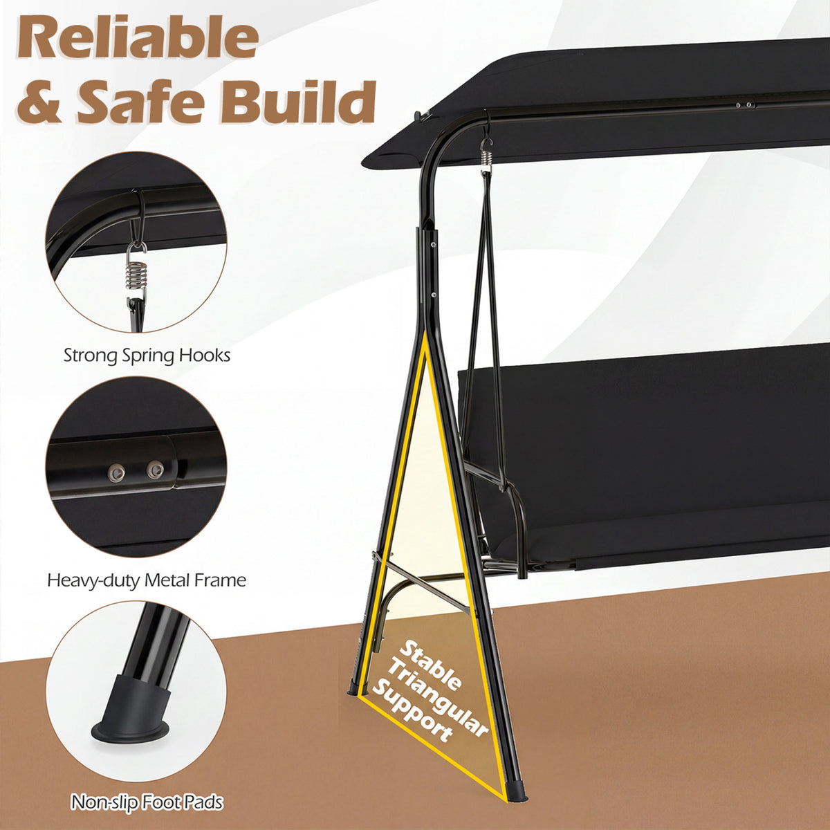 3-Seat Patio Swing Chair with Adjustable Canopy & Removable Cushion