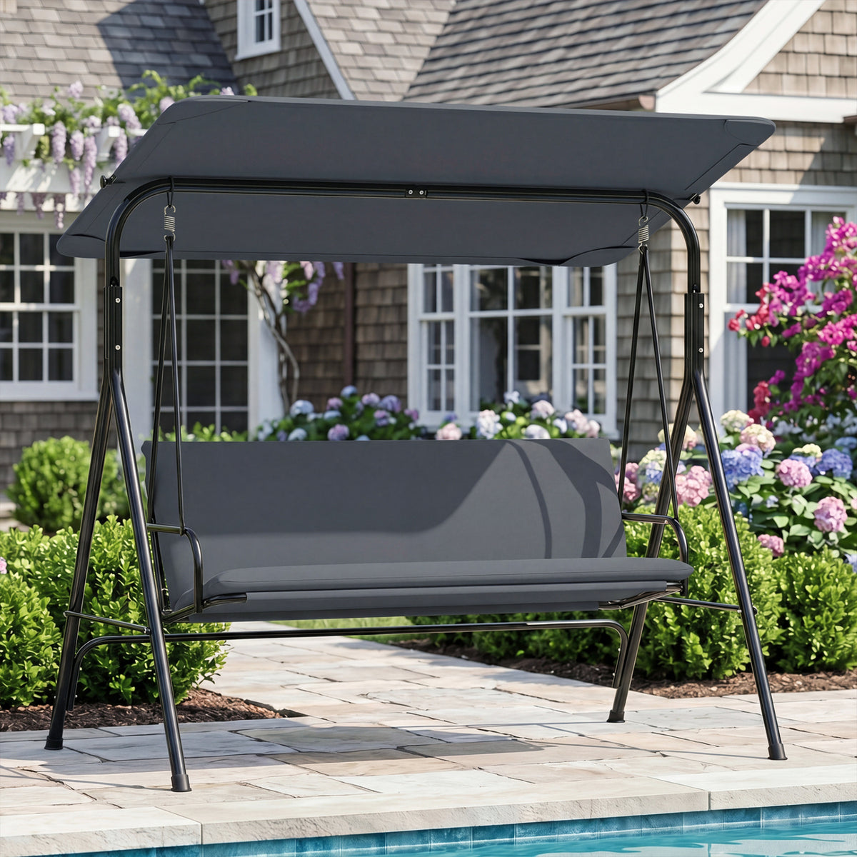 3-Seat Patio Swing Chair with Adjustable Canopy & Removable Cushion