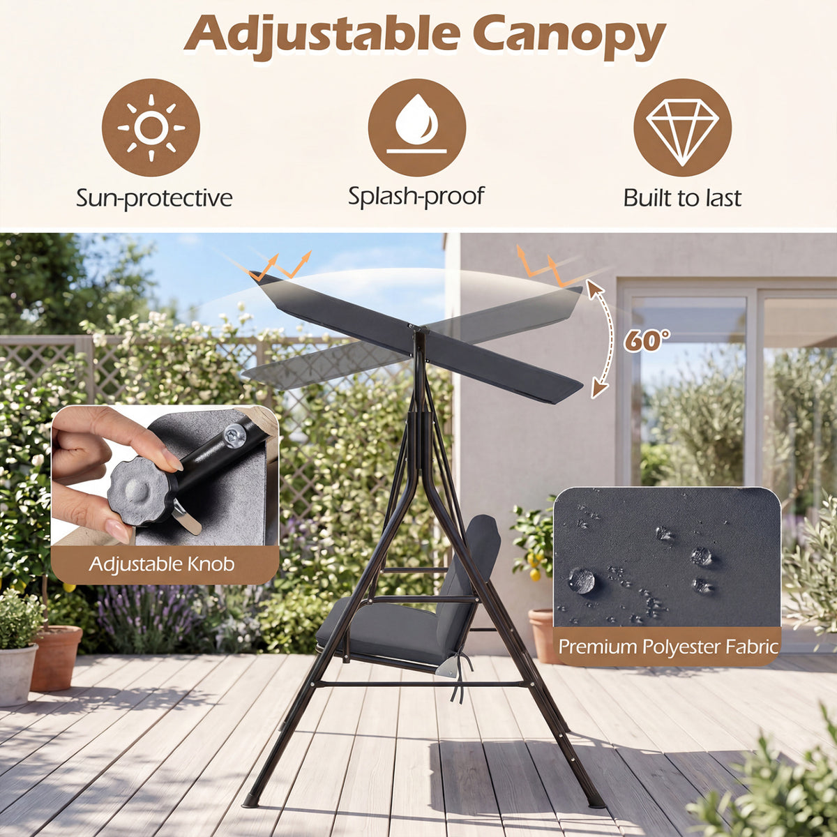 3-Seat Patio Swing Chair with Adjustable Canopy & Removable Cushion