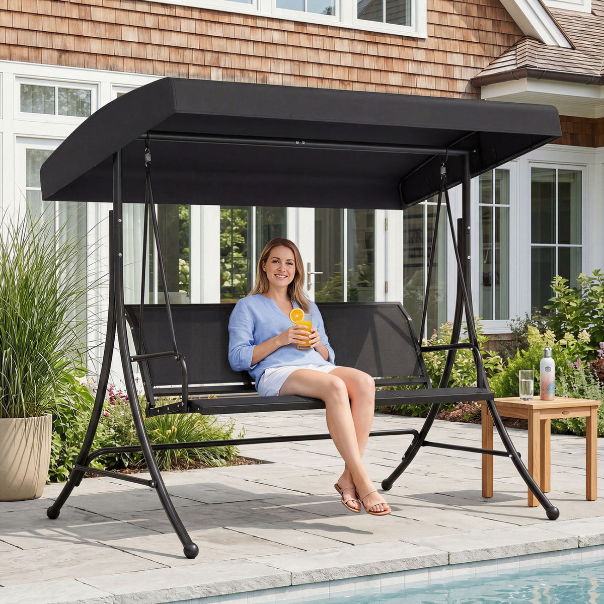 3-Seat Patio Swing Chair with Adjustable Canopy