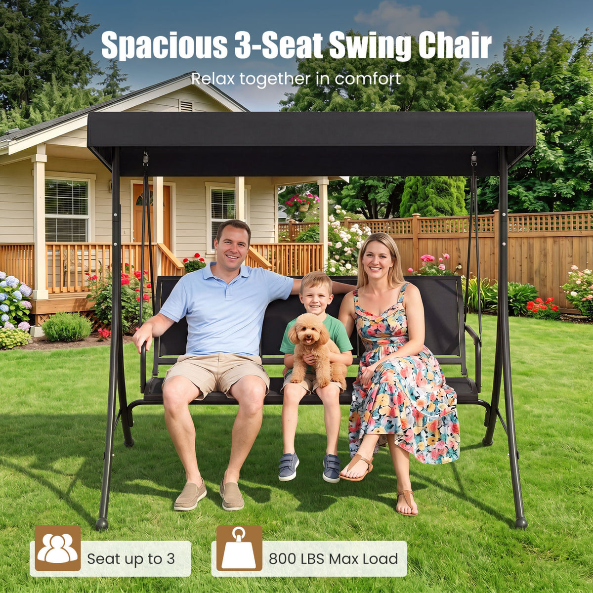 3-Seat Patio Swing Chair with Adjustable Canopy