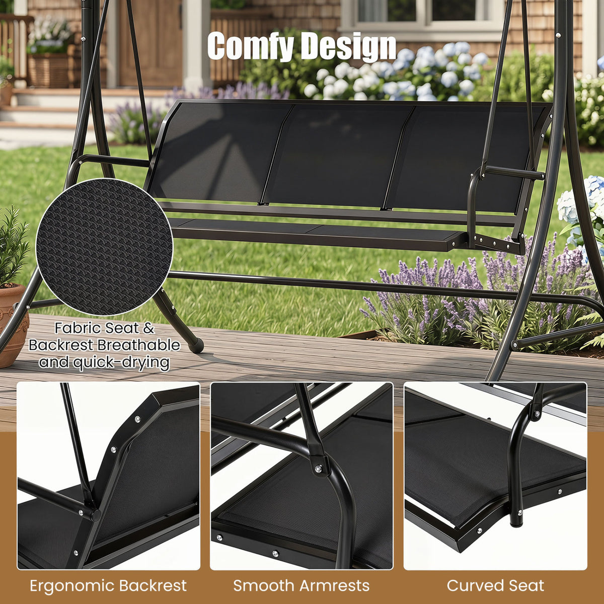 3-Seat Patio Swing Chair with Adjustable Canopy