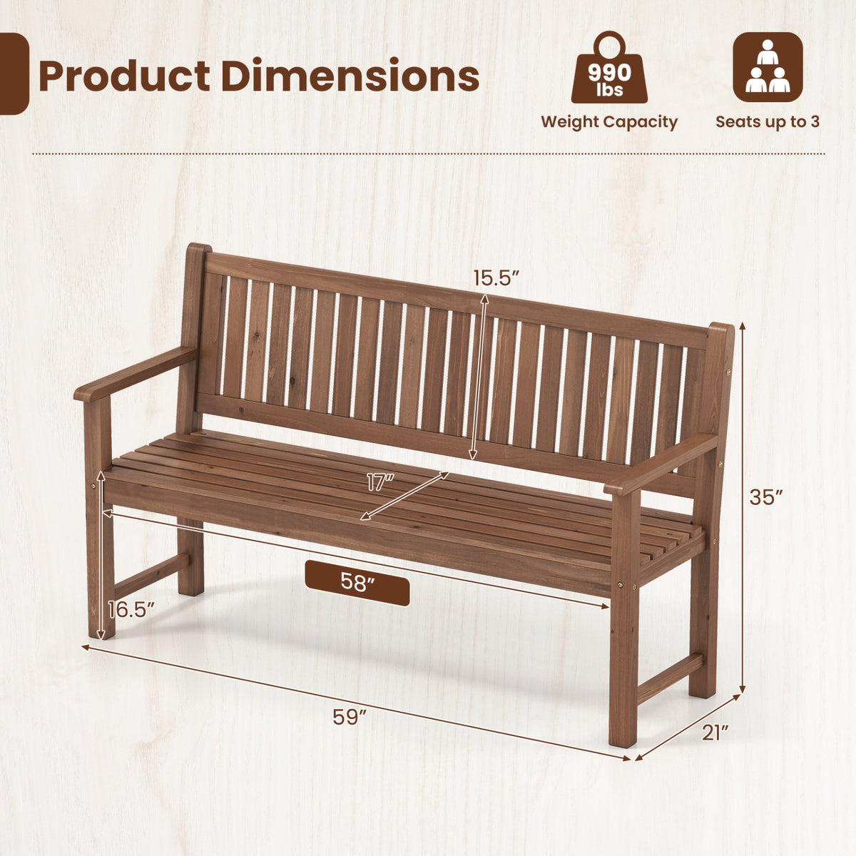 3-Seater Outdoor Wooden Bench 59 inch Large Garden Bench with Backrest