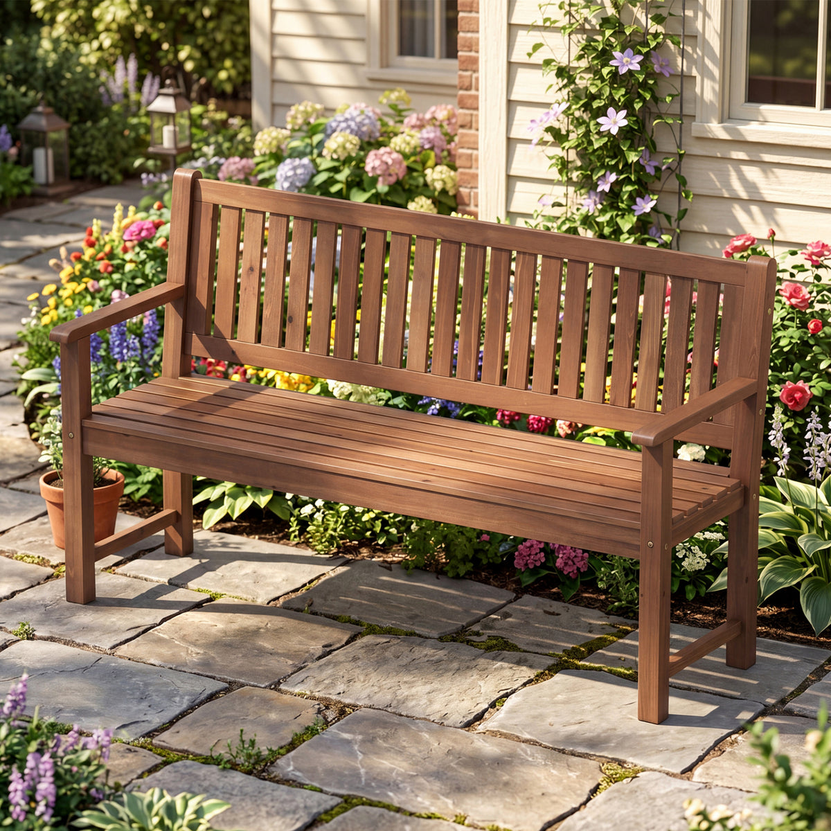 3-Seater Outdoor Wooden Bench 59 inch Large Garden Bench with Backrest