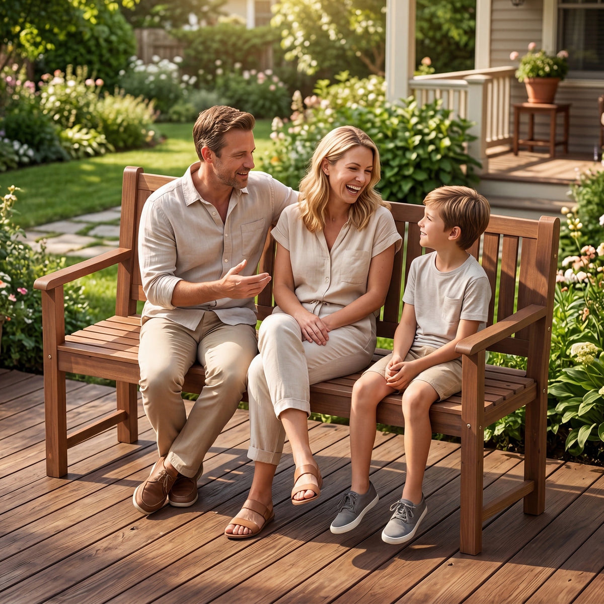3-Seater Outdoor Wooden Bench 59 inch Large Garden Bench with Backrest