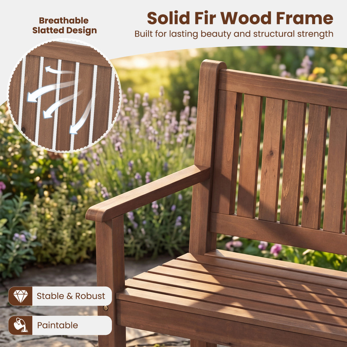 3-Seater Outdoor Wooden Bench 59 inch Large Garden Bench with Backrest