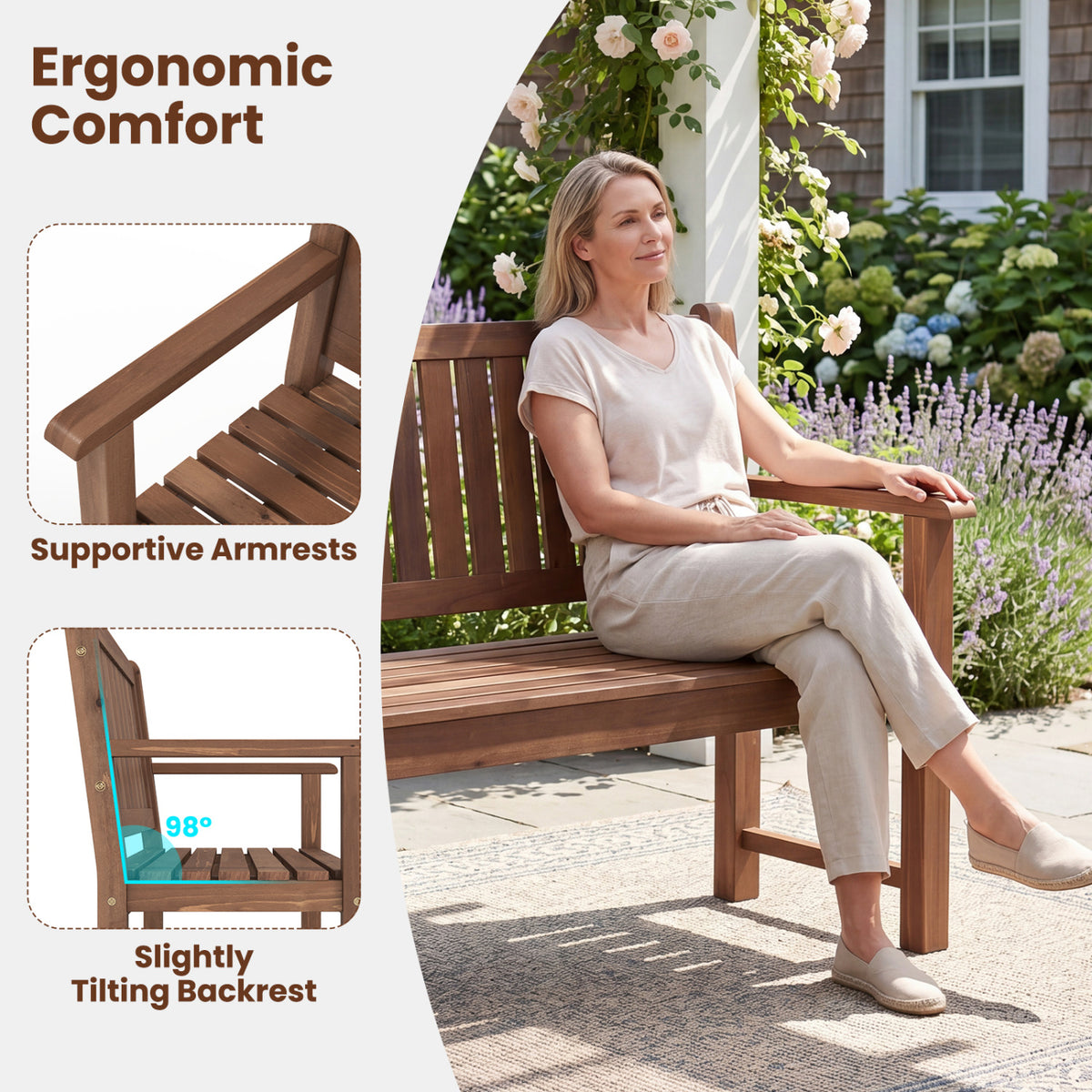 3-Seater Outdoor Wooden Bench 59 inch Large Garden Bench with Backrest