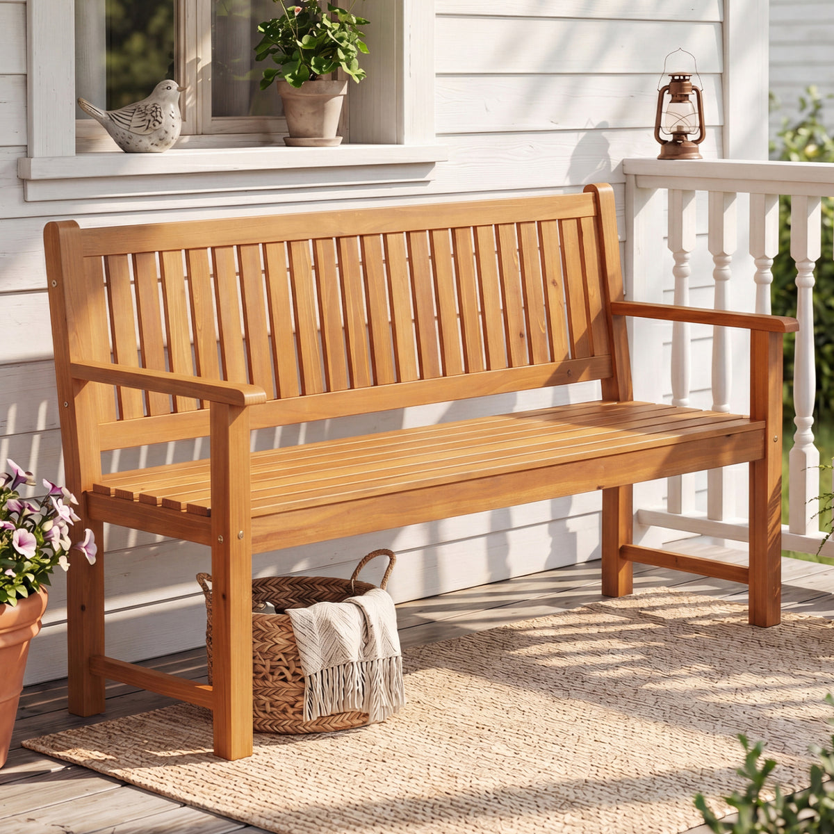 3-Seater Outdoor Wooden Bench 59 inch Large Garden Bench with Backrest