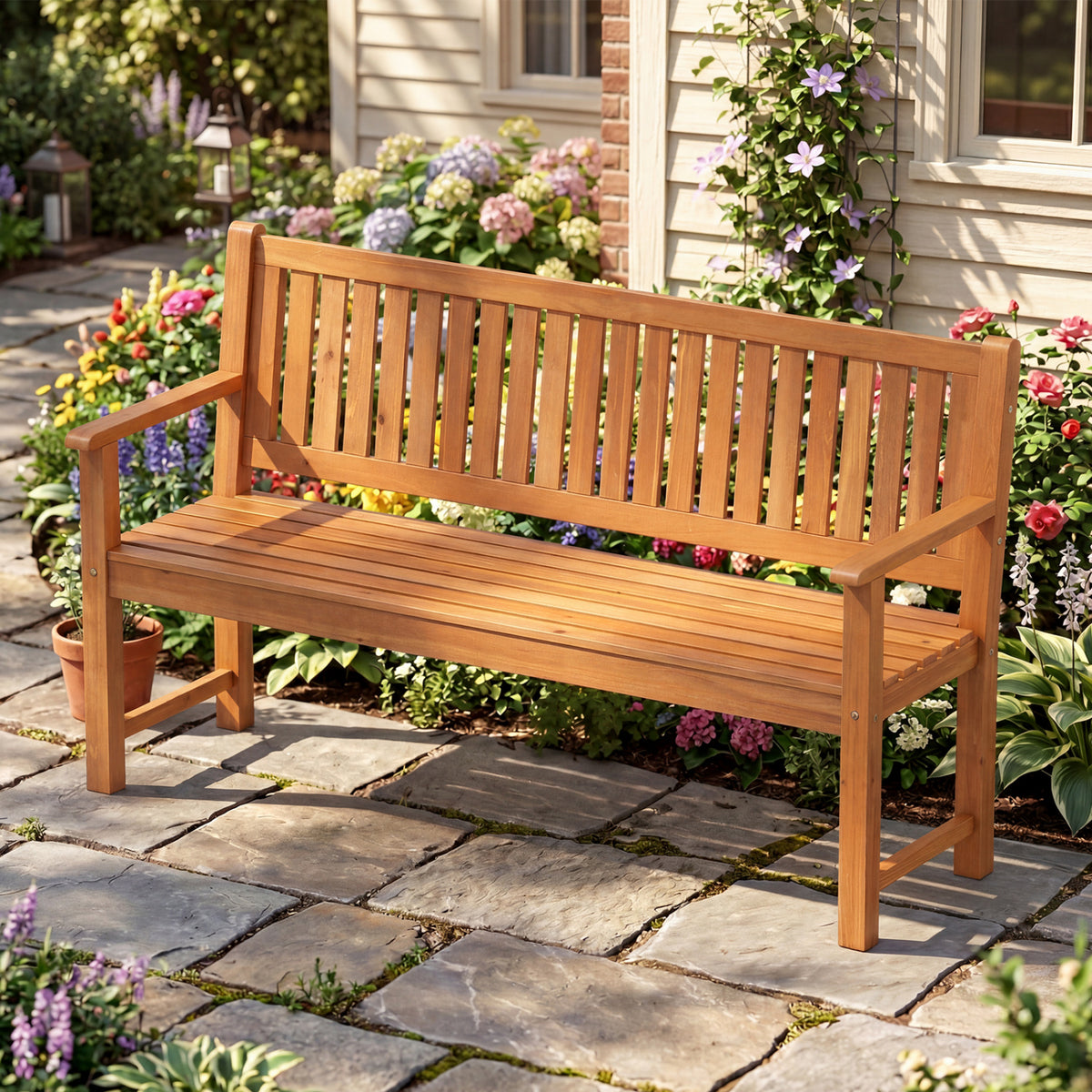 3-Seater Outdoor Wooden Bench 59 inch Large Garden Bench with Backrest