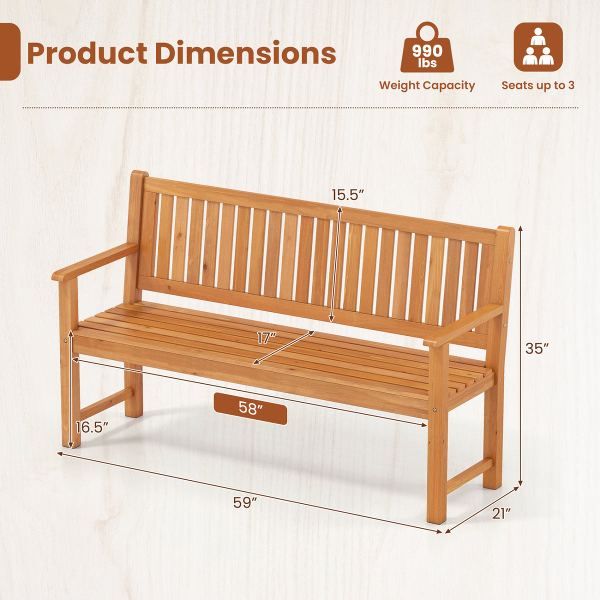 3-Seater Outdoor Wooden Bench 59 inch Large Garden Bench with Backrest