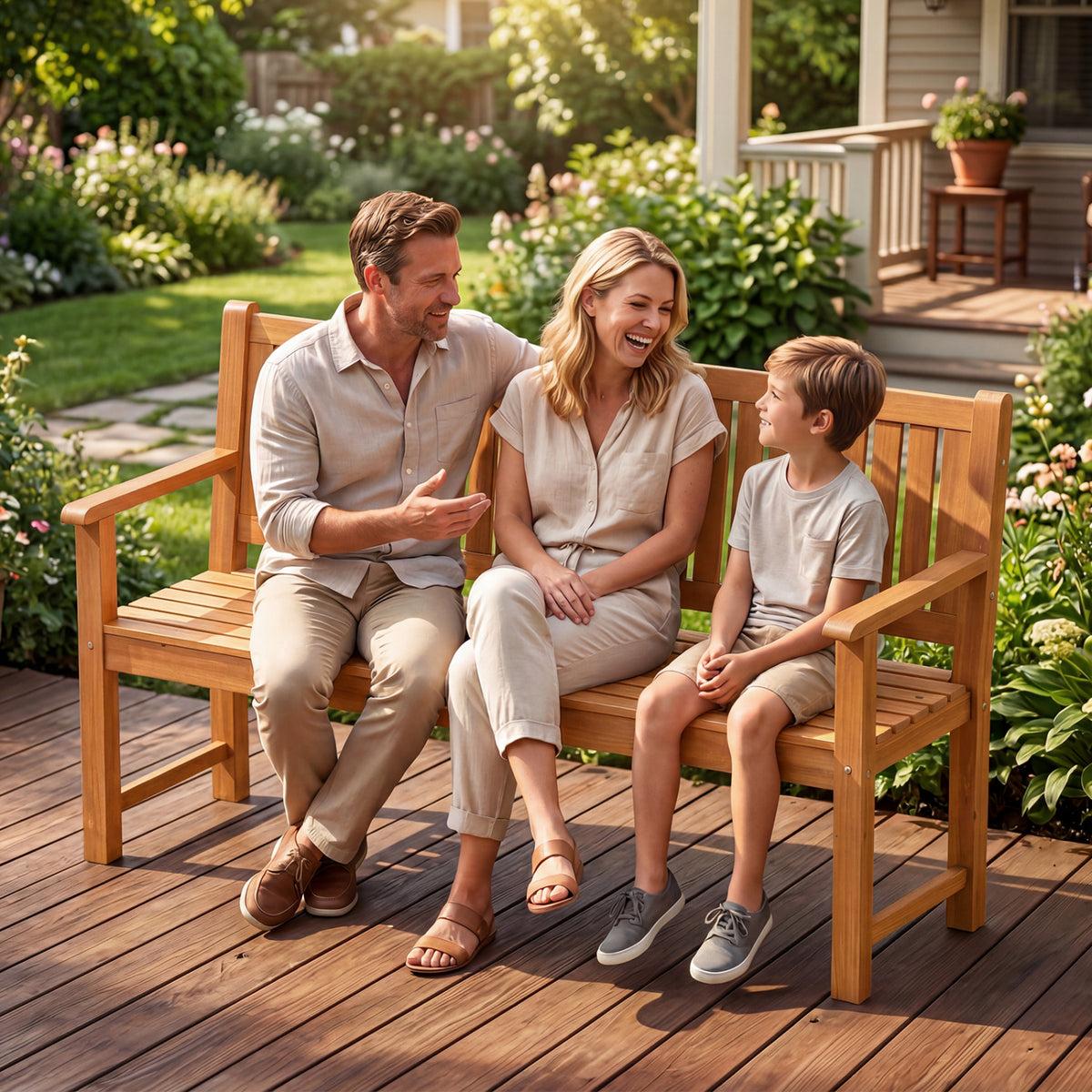 3-Seater Outdoor Wooden Bench 59 inch Large Garden Bench with Backrest