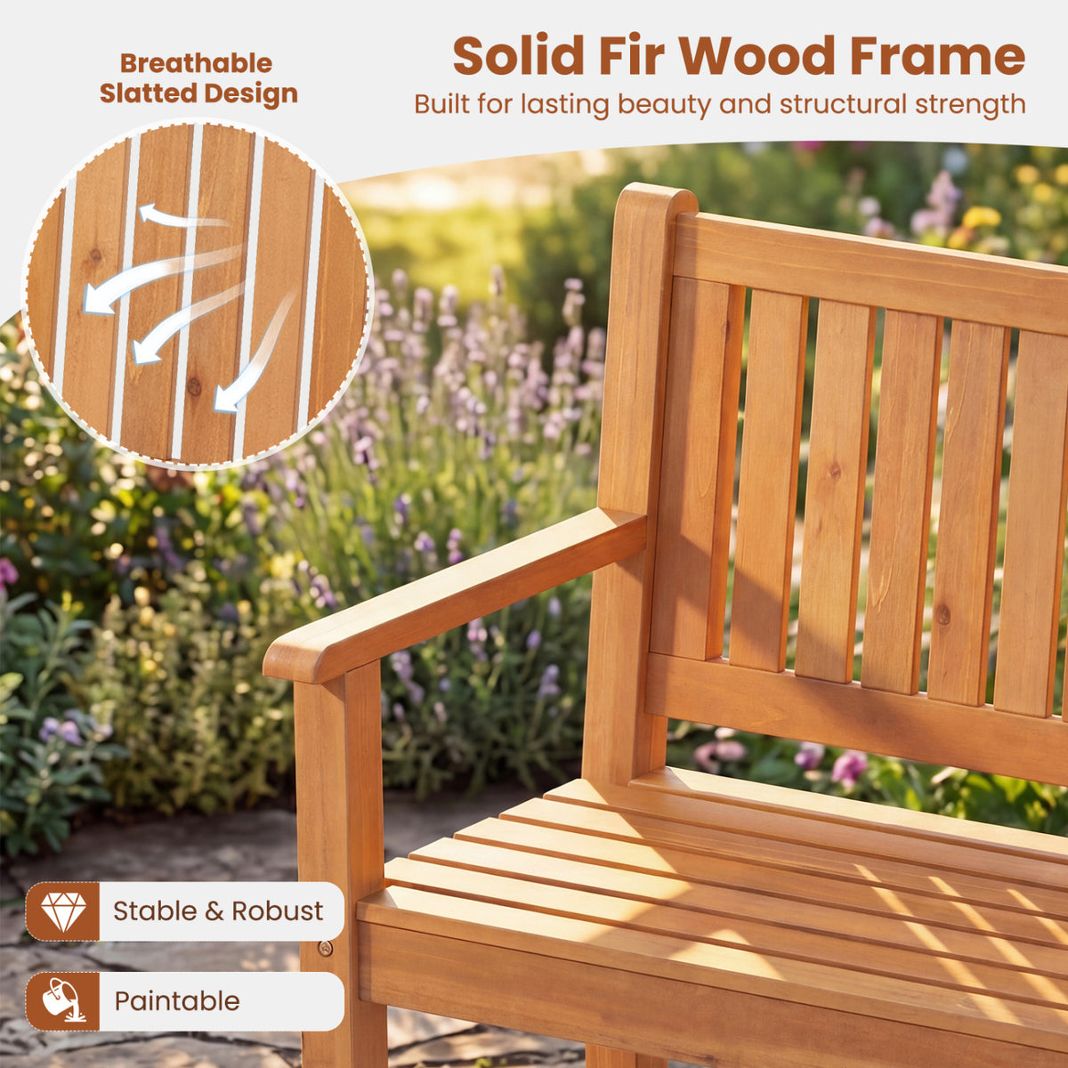 3-Seater Outdoor Wooden Bench 59 inch Large Garden Bench with Backrest