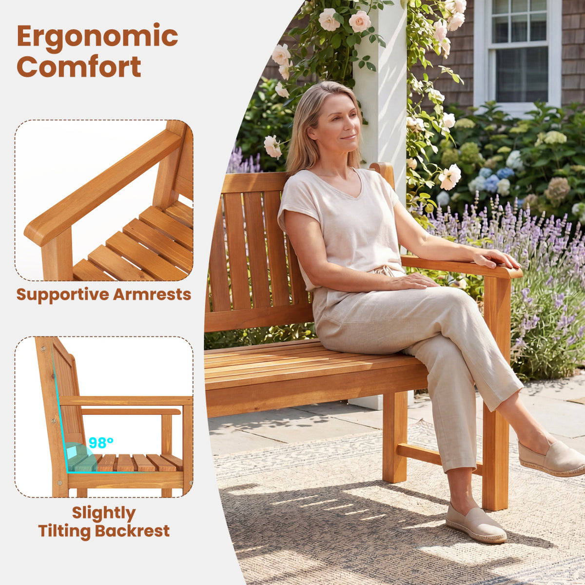 3-Seater Outdoor Wooden Bench 59 inch Large Garden Bench with Backrest