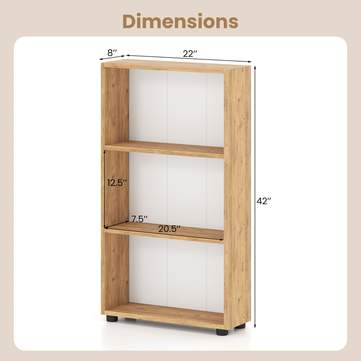 3-Tier Bookcase 42 inch Tall Book Shelf with Anti-Tipping Kit