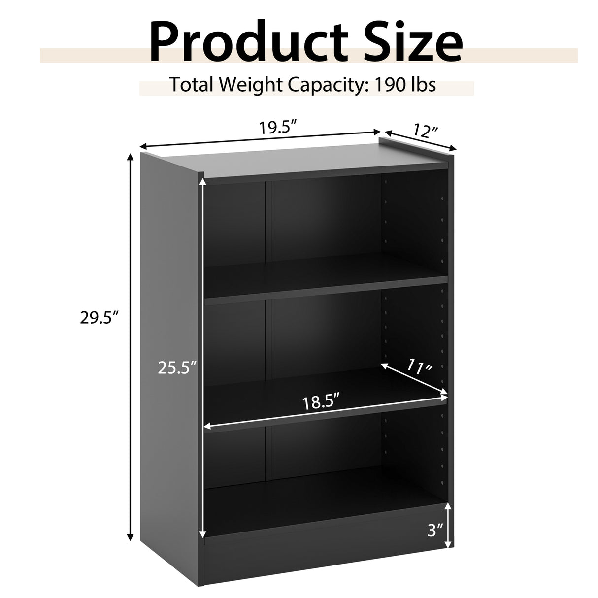 3-Tier Bookcase Open Display Rack Cabinet with Adjustable Shelves