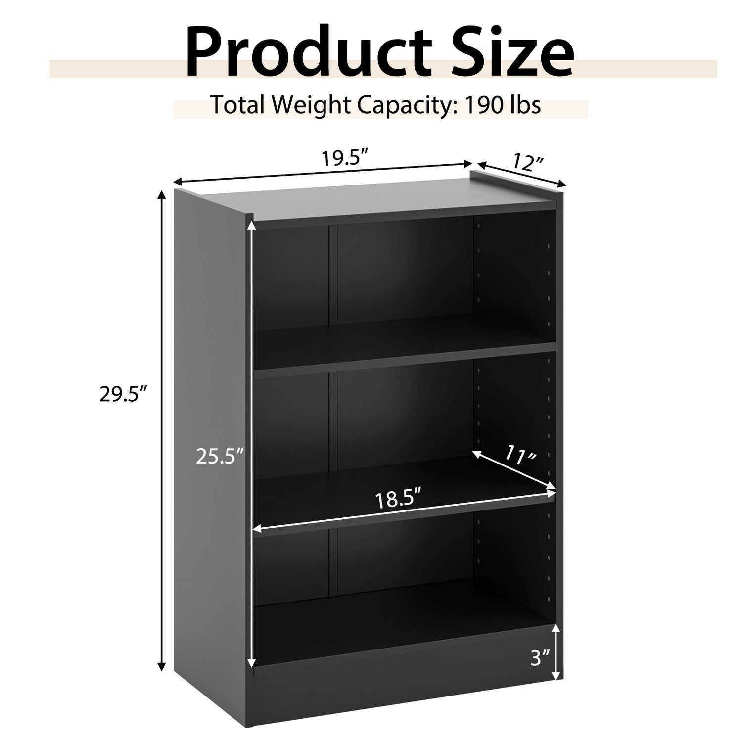 3-Tier Bookcase Open Display Rack Cabinet with Adjustable Shelves