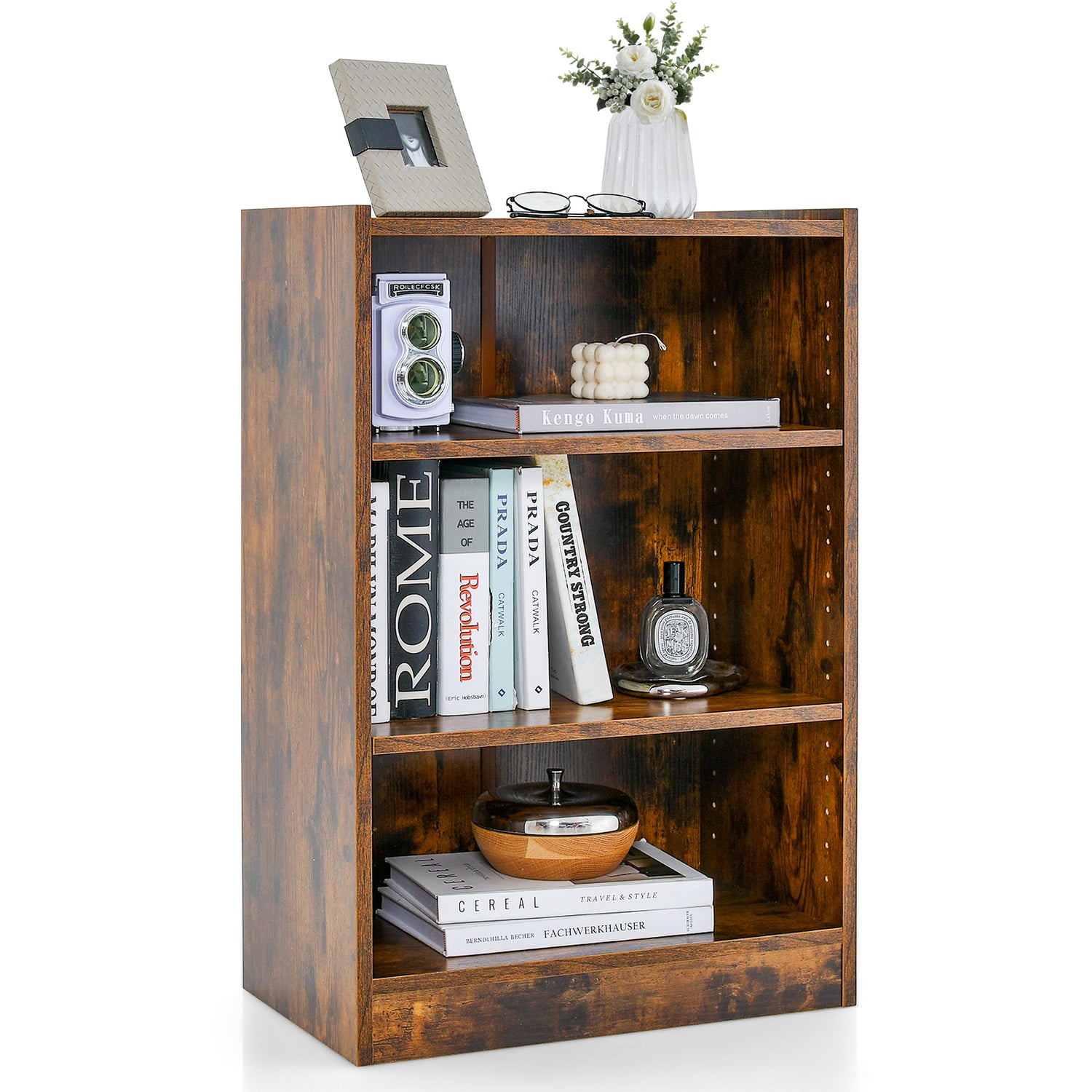 3-Tier Bookcase Open Display Rack Cabinet with Adjustable Shelves