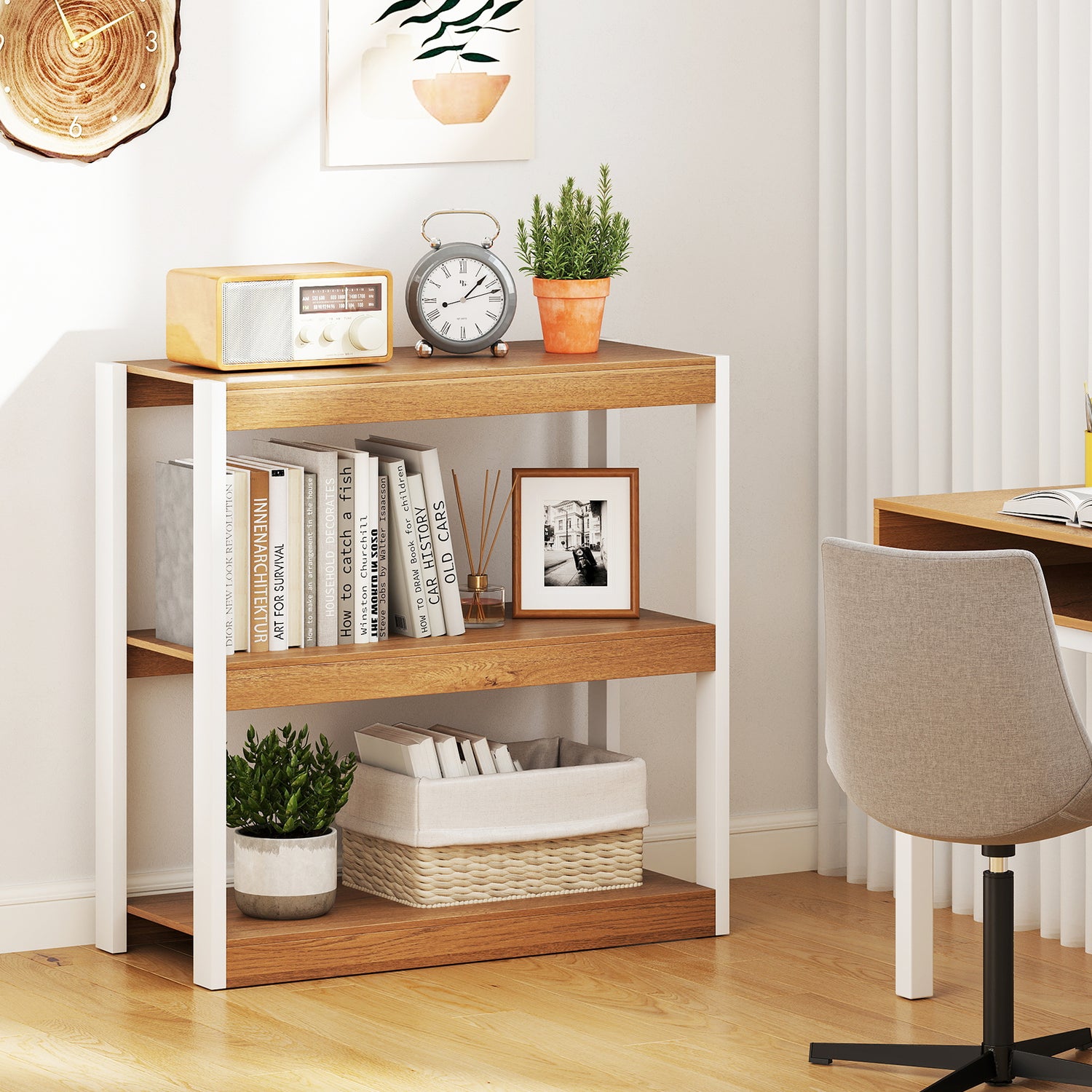 3 Tier Bookshelf Wooden Bookcase with Dual Anti-Tipping Kits