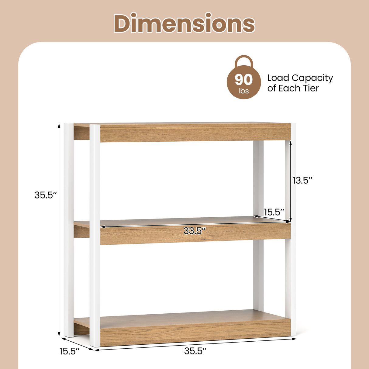 3 Tier Bookshelf Wooden Bookcase with Dual Anti-Tipping Kits