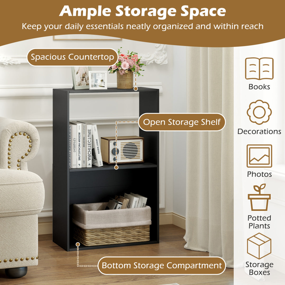 3-Tier Bookshelf with Open Storage Compartment and Freestanding Display Shelf