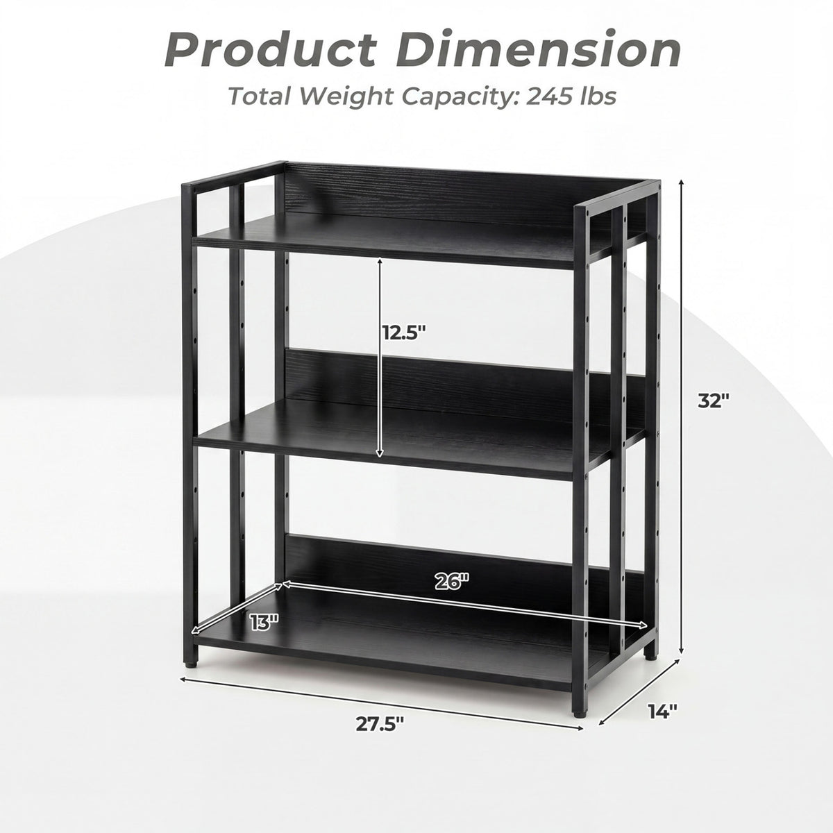 3-Tier Corner Bookshelf with Adjustable Shelves and Anti-Toppling Device for Study-Black